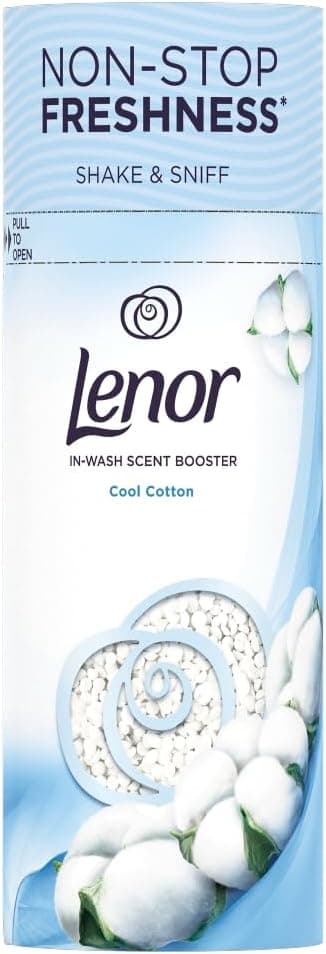 Опаковка на Lenor Cool Cotton In-Wash Scent Booster – 176 г, със сини акценти и чист дизайн.
