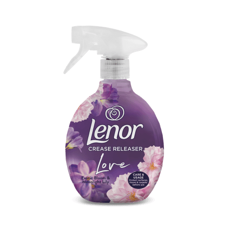 Бутилка Lenor Crease Releaser Exotic Bloom – 500 мл, с екзотичен флорален дизайн.