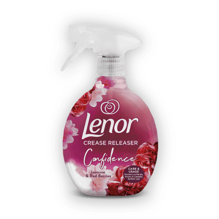 Бутилка на Lenor Ruby Jasmine Crease Releaser – 500 мл, с елегантен червен дизайн.