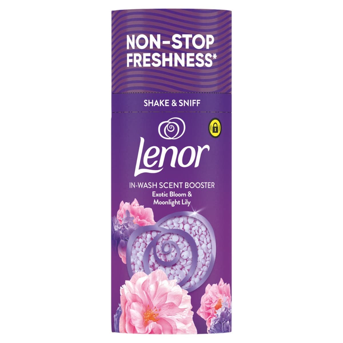 Опаковка на Lenor Exotic Bloom In-Wash Scent Booster – 176 г, с наситен флорален дизайн.