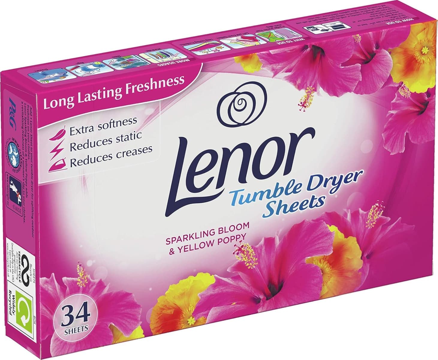 Опаковка на Lenor Sparkling Bloom Dryer Sheets – 34 бр., с дизайн, подчертаващ флоралния аромат.