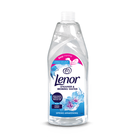 Бутилка Lenor Ironing Water Spring Awakening – 1 л, с флорален дизайн.