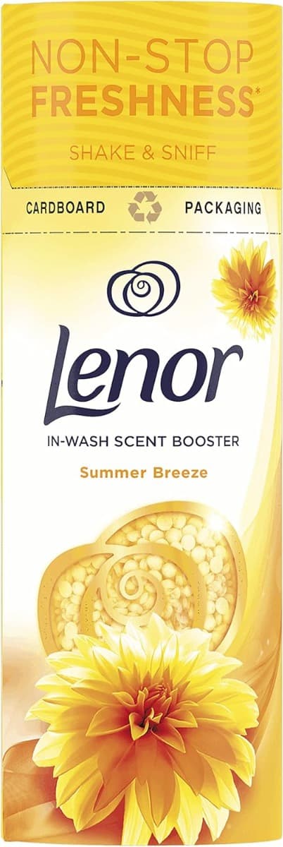Опаковка на Lenor Summer Breeze Scent Booster – 176 г, с илюстрация на летни цветя.