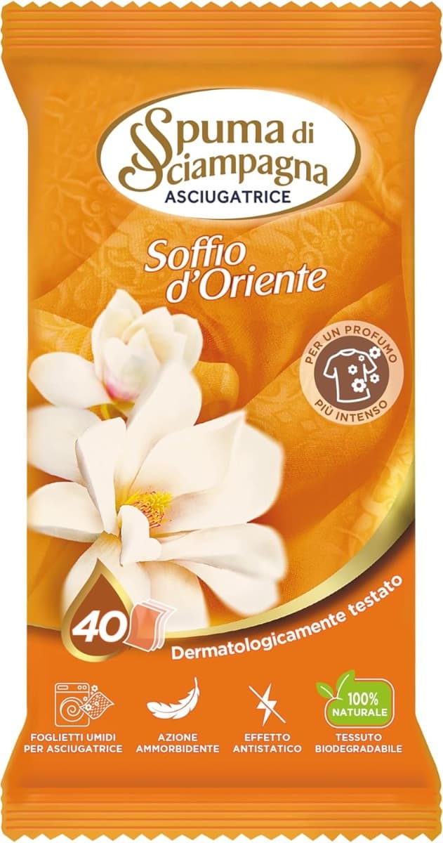 Опаковка на Spuma di Sciampagna Soffio d’Oriente – 40 бр., с изображение на кърпички и ориенталски мотиви.