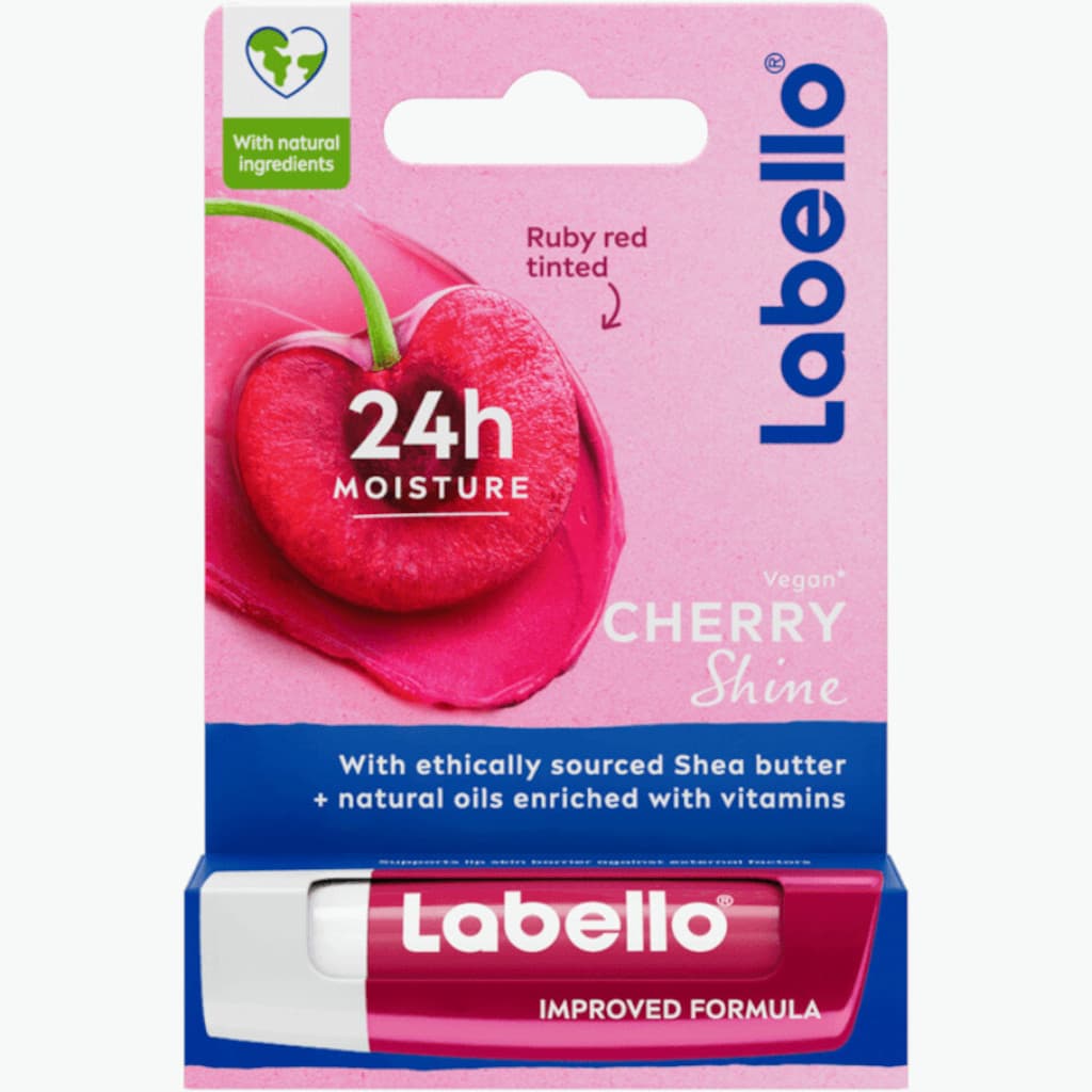 Опаковка на Labello Cherry Shine с изображение на продукта и череши.