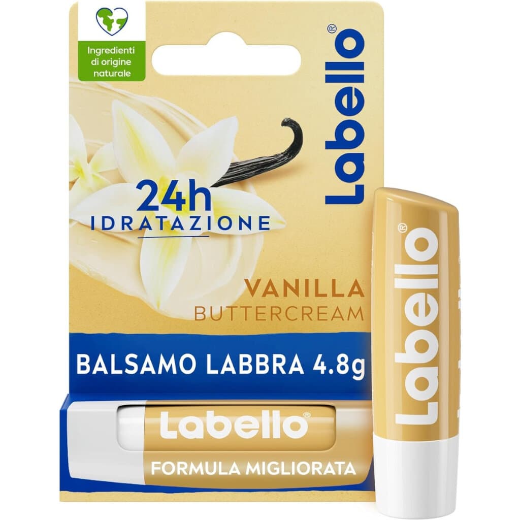 Опаковка на Labello Vanilla Buttercream, показваща продукта с изображение на ванилови шушулки.