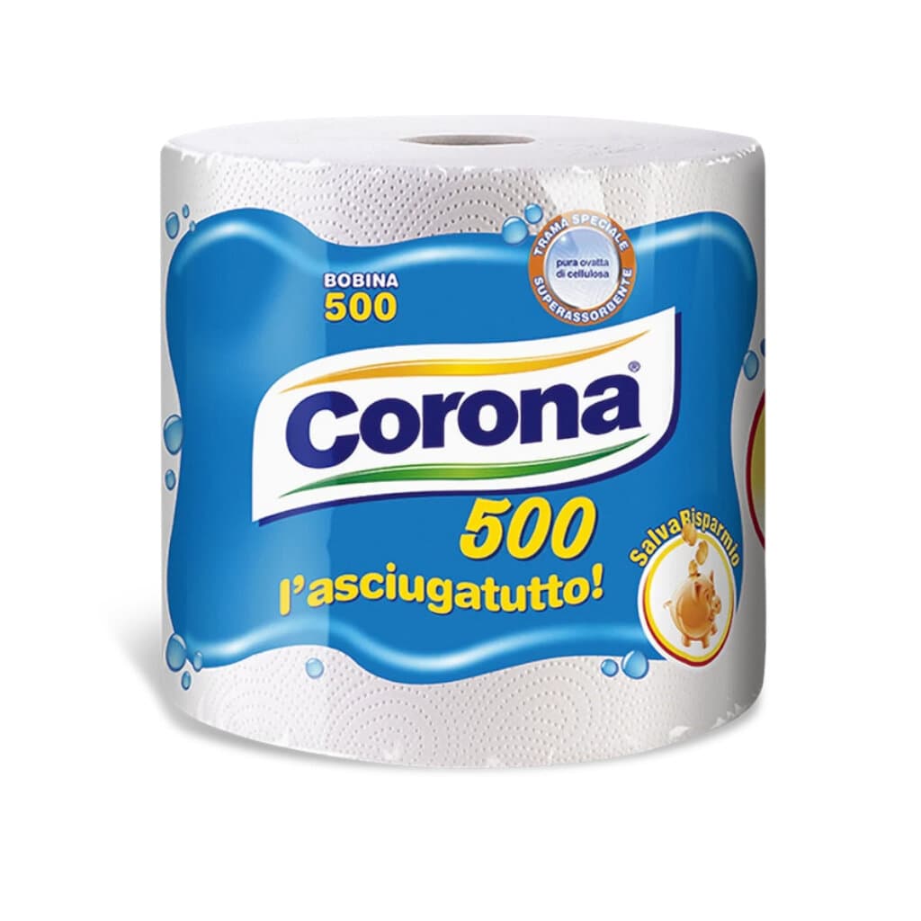 "Rotoloni Lasciugatutto – Предна страна на опаковката, показваща висококачествените ролки хартия на Cartacorona за ефективно почистване."