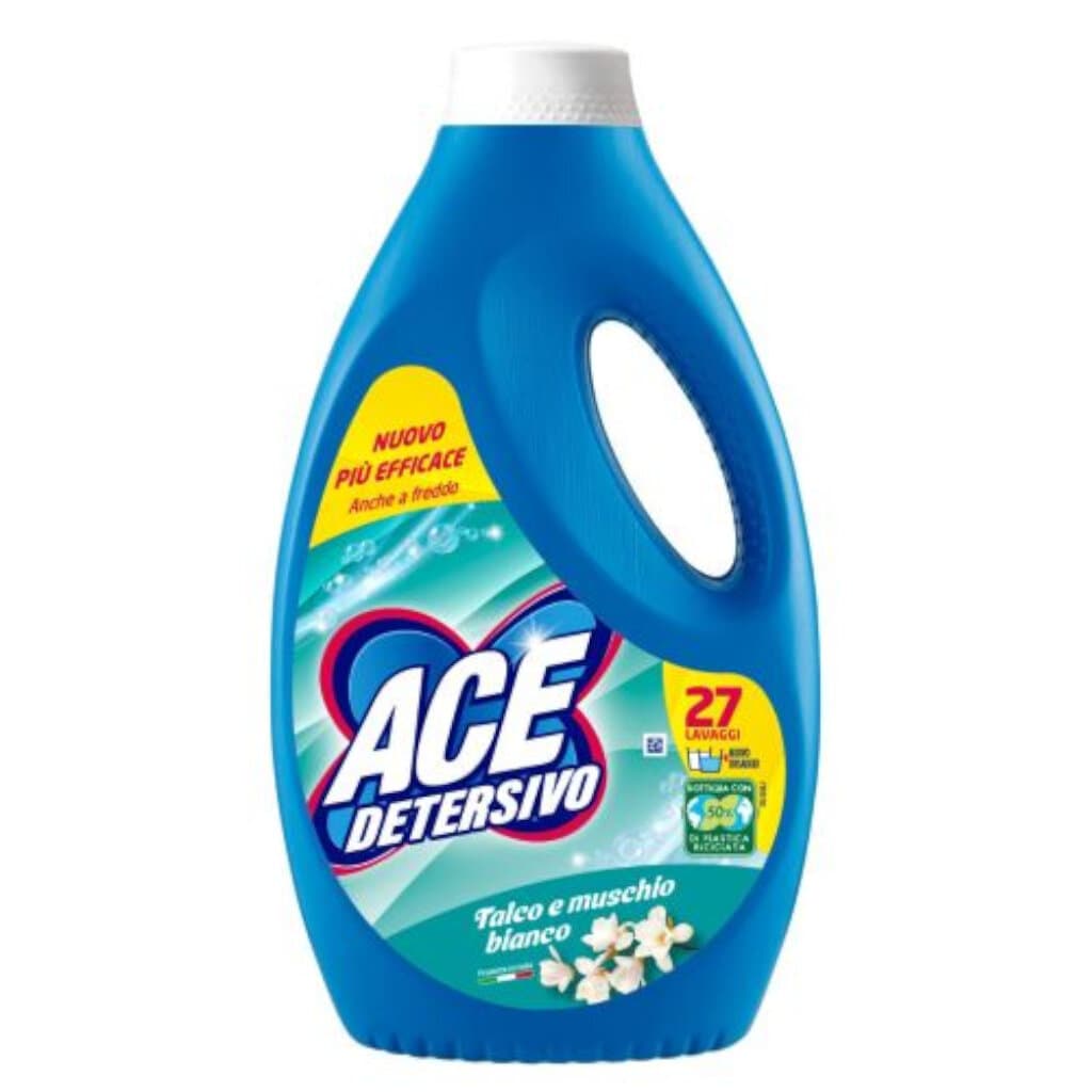 Опаковка на ACE Detersivo Talco e Muschio Bianco (25 изпирания), показваща продукта и акцентираща върху аромата.