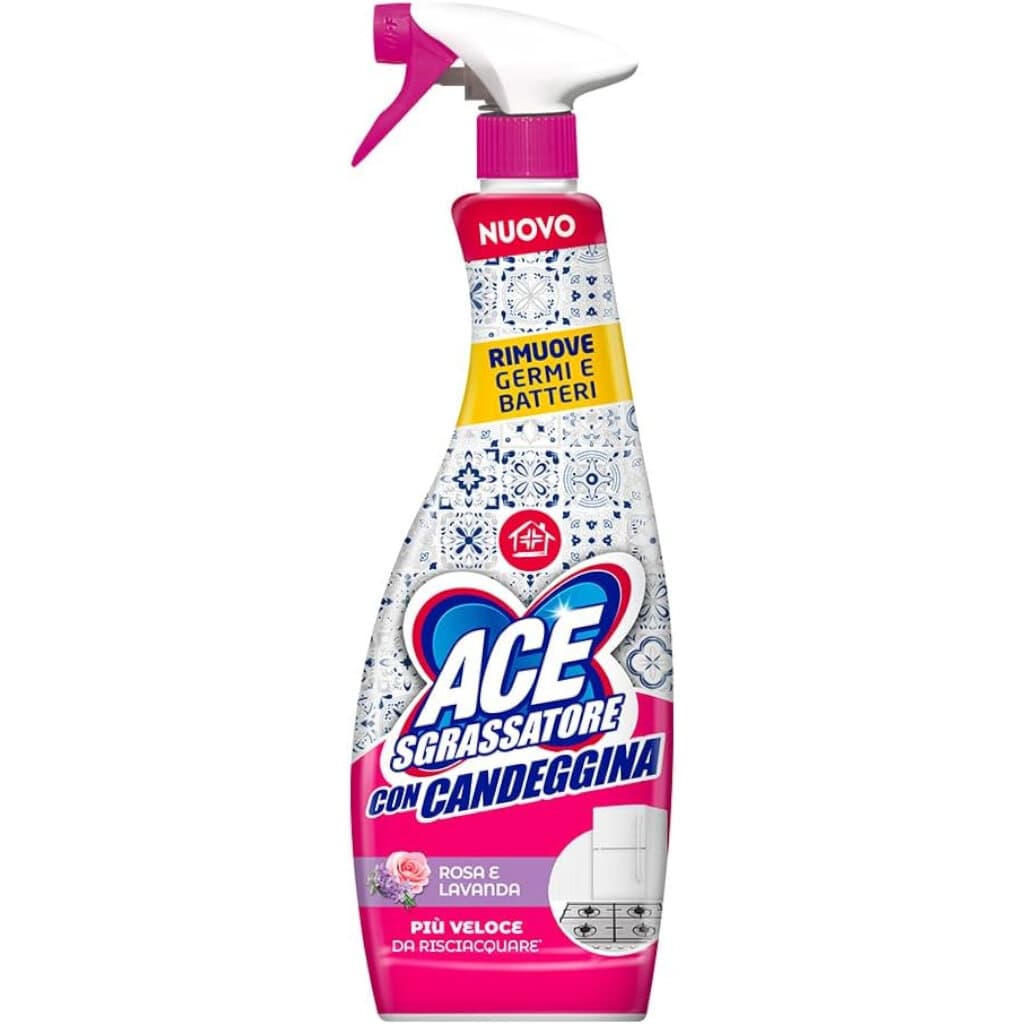 Опаковка на ACE Sgrassatore con Candeggina Rosa e Lavanda (600 мл), показваща продукта и изображения на роза и лавандула.