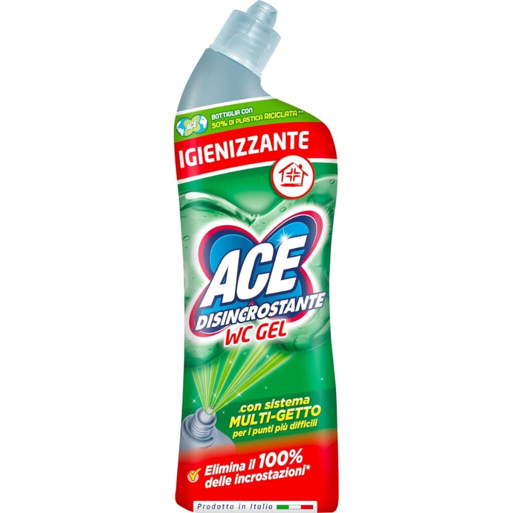 Опаковка на ACE WC Gel Disincrostante (700 мл) с изображение на продукта и акцент върху гъстата гел формула за тоалетни