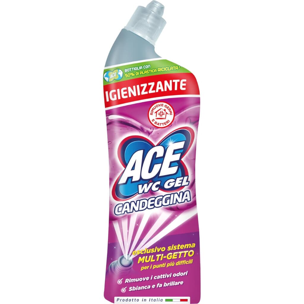 Опаковка на ACE WC Gel Candeggina (700 мл), показваща продукта с извит накрайник и акценти върху белината и дезинфекциращите свойства.