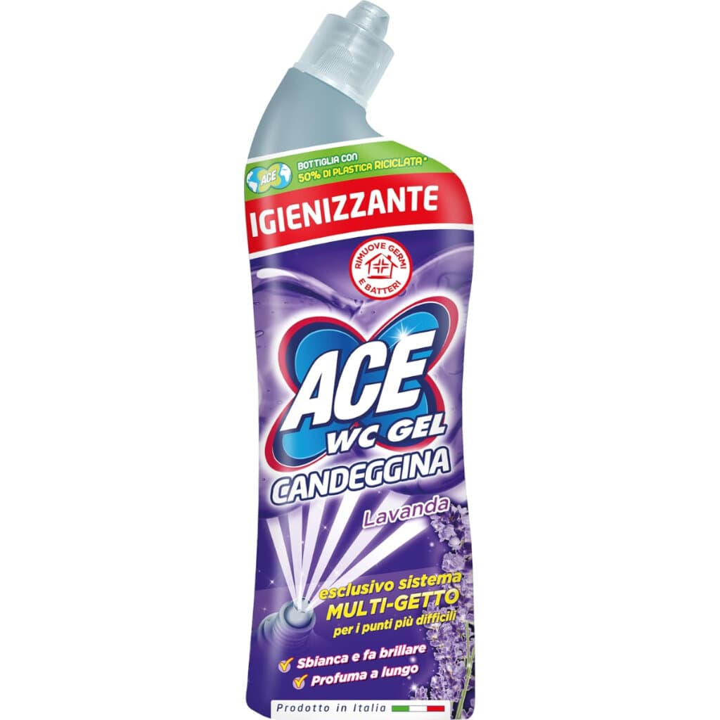 Опаковка на ACE WC Gel Lavanda (700 мл), показваща продукта и акцентираща върху лавандуловите цветя.