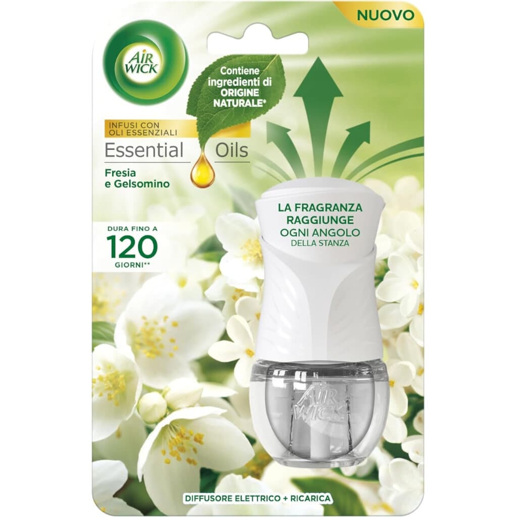 "Air Wick Diffusore Elettrico – Fresia e Gelsomino: Предна страна на опаковката, показваща стилизирания уред с интензивен аромат от фрезия и жасмин."
