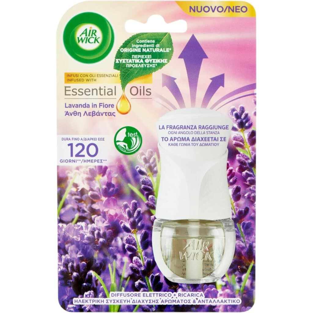 "Air Wick Diffusore Elettrico – Lavanda in Fiore: Предна страна на опаковката, показваща продукта с интензивен аромат от лайка и цъфнала лавандула."