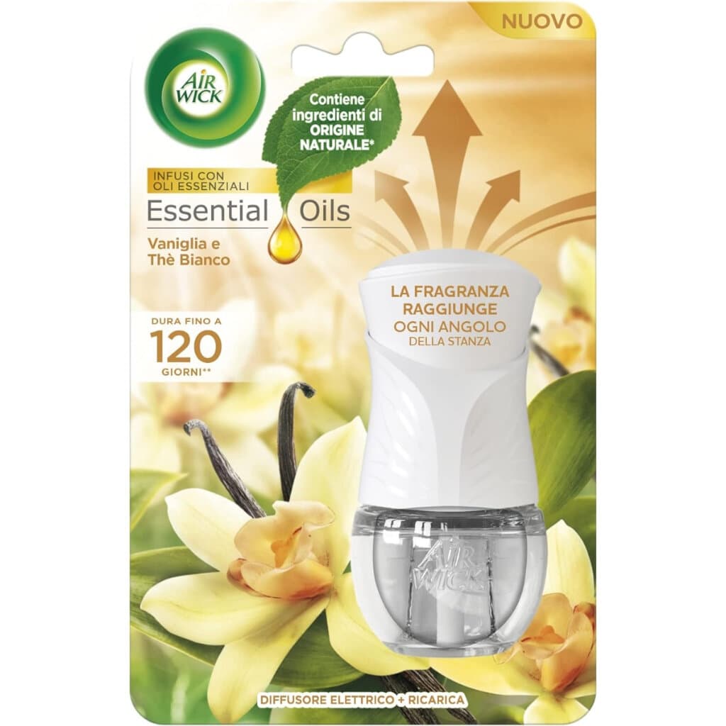 "Air Wick Diffusore Elettrico – Vaniglia e Tè Bianco: Предна страна на опаковката, показваща стилизирания уред с аромат от ванилия и бял чай."