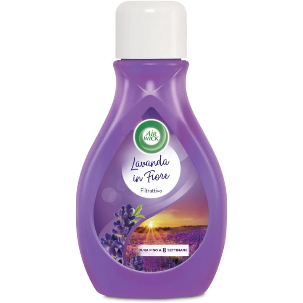 "Air Wick Filtrattivo – Lavanda in Fiore Filtrattivo: Предна страна на опаковката, показваща продукта с интензивен аромат от лайка и цъфнала лавандула."