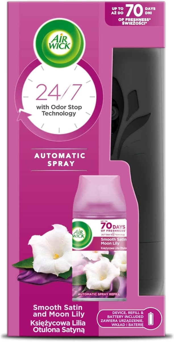 Air Wick Automatic Spray Kit Smooth Satin & Moon Lily – кутия с устройство и пълнител