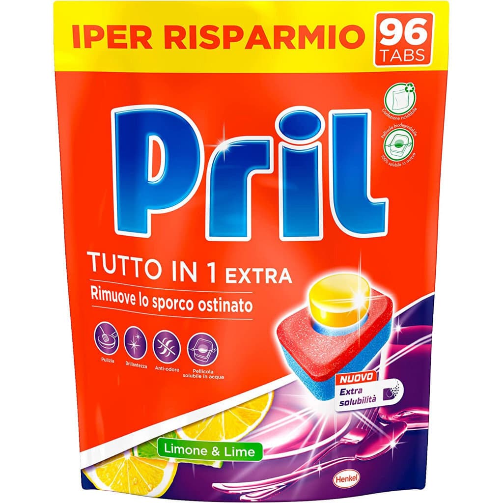 Таблетка на Pril Tutto in 1 Extra Tabs Limone Lime – Многофункционални Таблетки за Съдомиялна Машина с Лимон и Лайм Аромат – 96 бр, подчертаваща свежия аромат и ефективната формула.