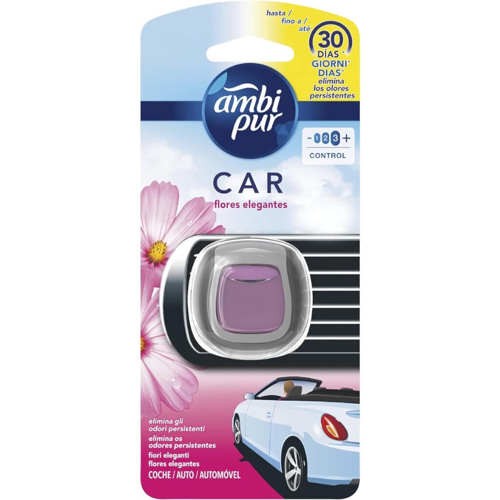 Ambi Pur Profumatore per Auto Fiori Eleganti – Ароматизатор за автомобил – Предна част на продукта.