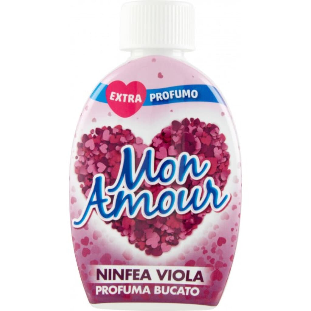 Опаковка и преден изглед на Mon Amour Profuma Bucato Ninfea Viola 220 мл | Ароматизатор за Пране с Дълготраен Аромат на Водна Лилия