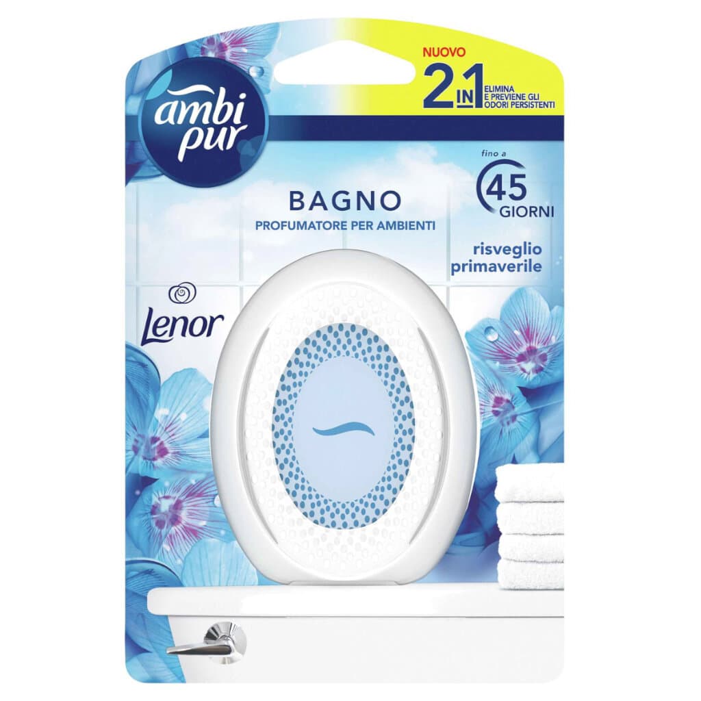 Ambi Pur Profumatore per Bagno - Risveglio Primaverile – предна опаковка на ароматизатор за баня с пролетен аромат.