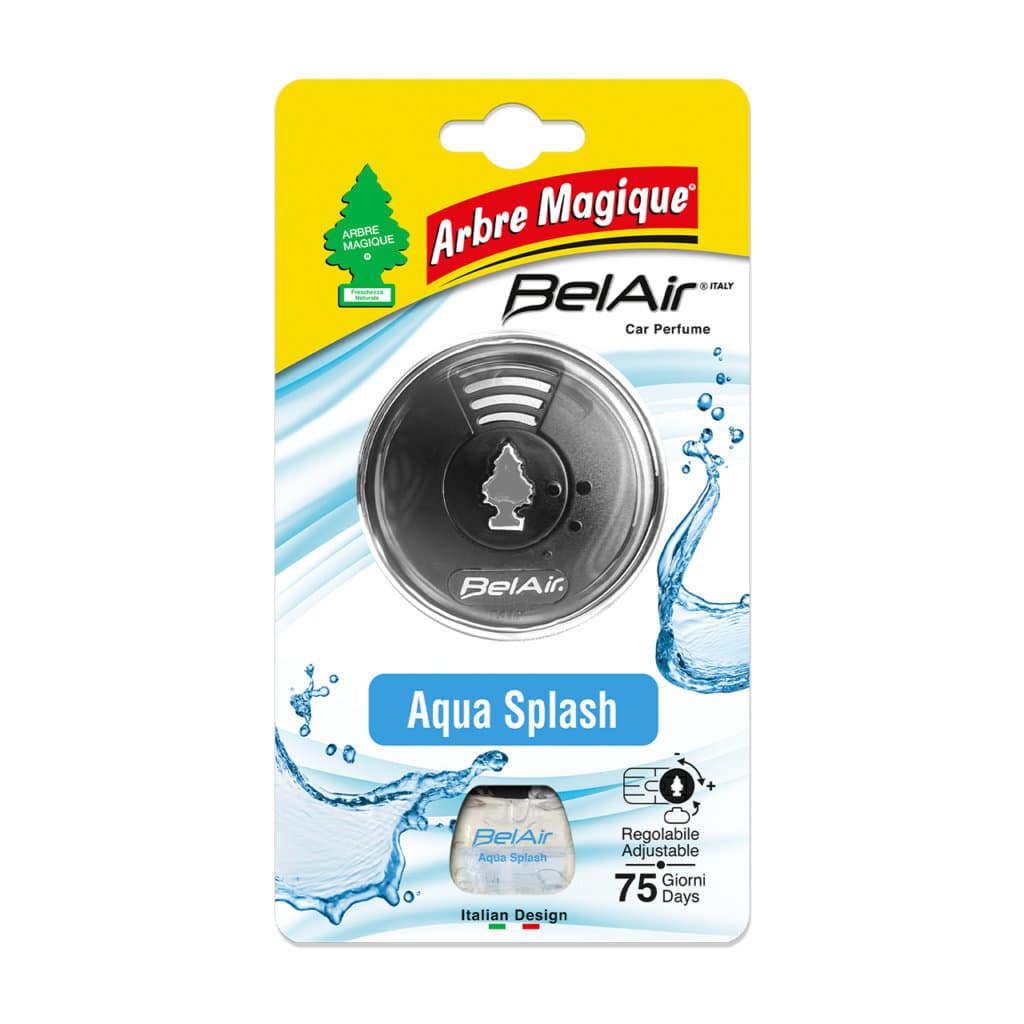 Arbre Magique Belair Aqua Splash Emanatore – Предна страна на опаковката с елегантен дизайн и изображение на ароматизатора с морски мотиви.