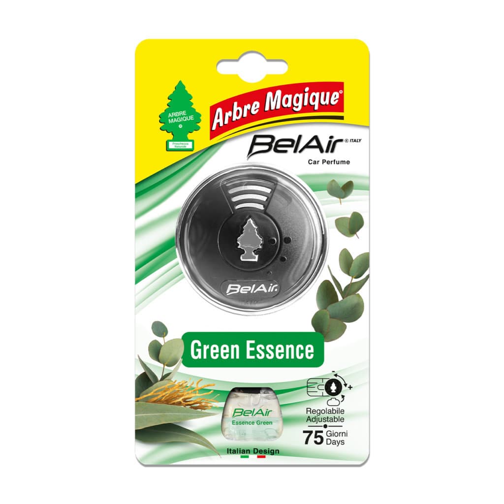 Arbre Magique Belair Green Essence Emanatore – Предна страна на опаковката с елегантен дизайн и изображения на зелени листа и природни елементи.