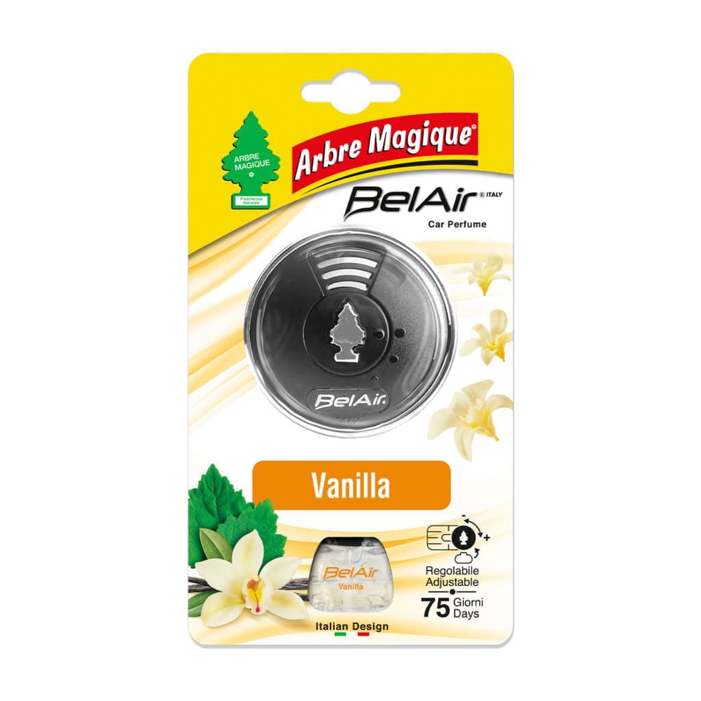 Опаковка на Arbre Magique BelAir Vanilla пълнител за автомобилен ароматизатор, с илюстрация на ванилова шушулка, подчертаваща сладкия аромат