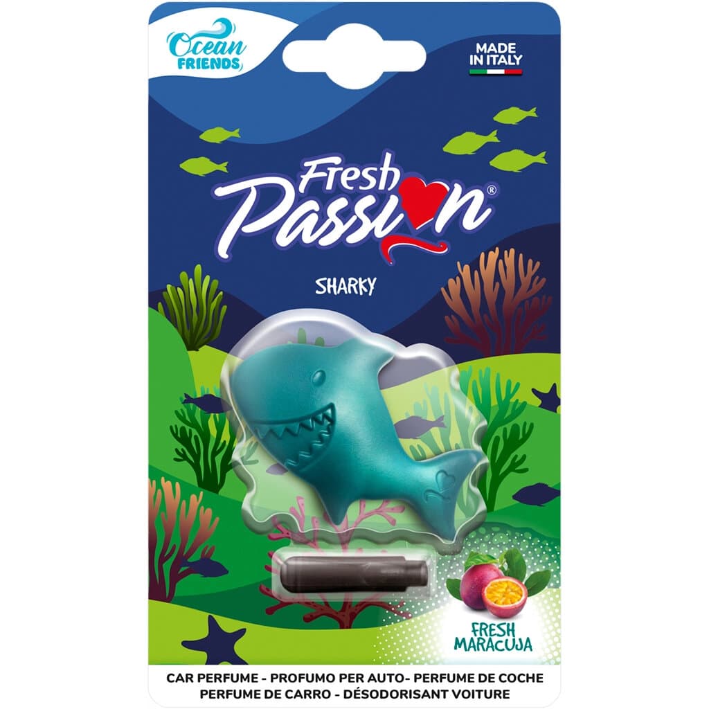 Fresh Passion Ocean Sharky – Ароматизатор за кола с морски аромат, предна част на опаковката.