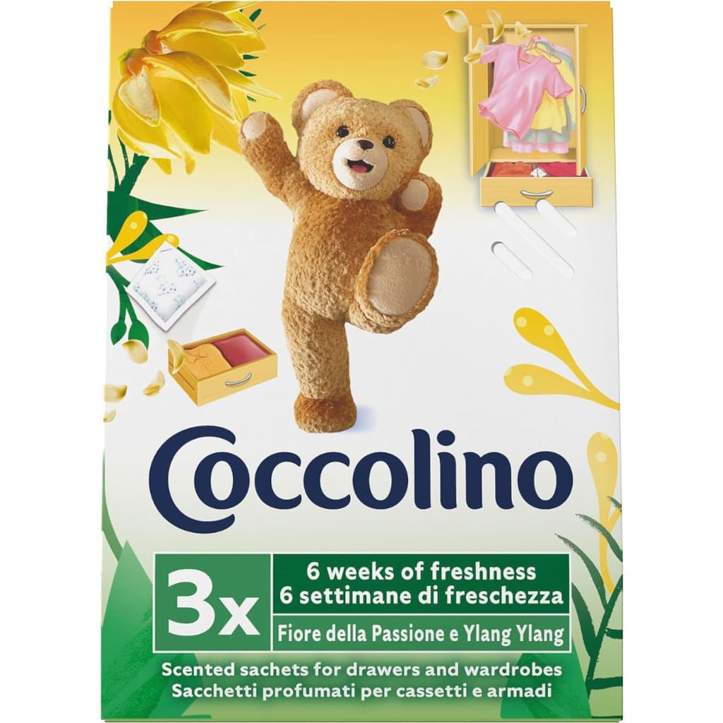 Опаковка на Coccolino Profuma Biancheria с аромат на страстно цвете и иланг-иланг.