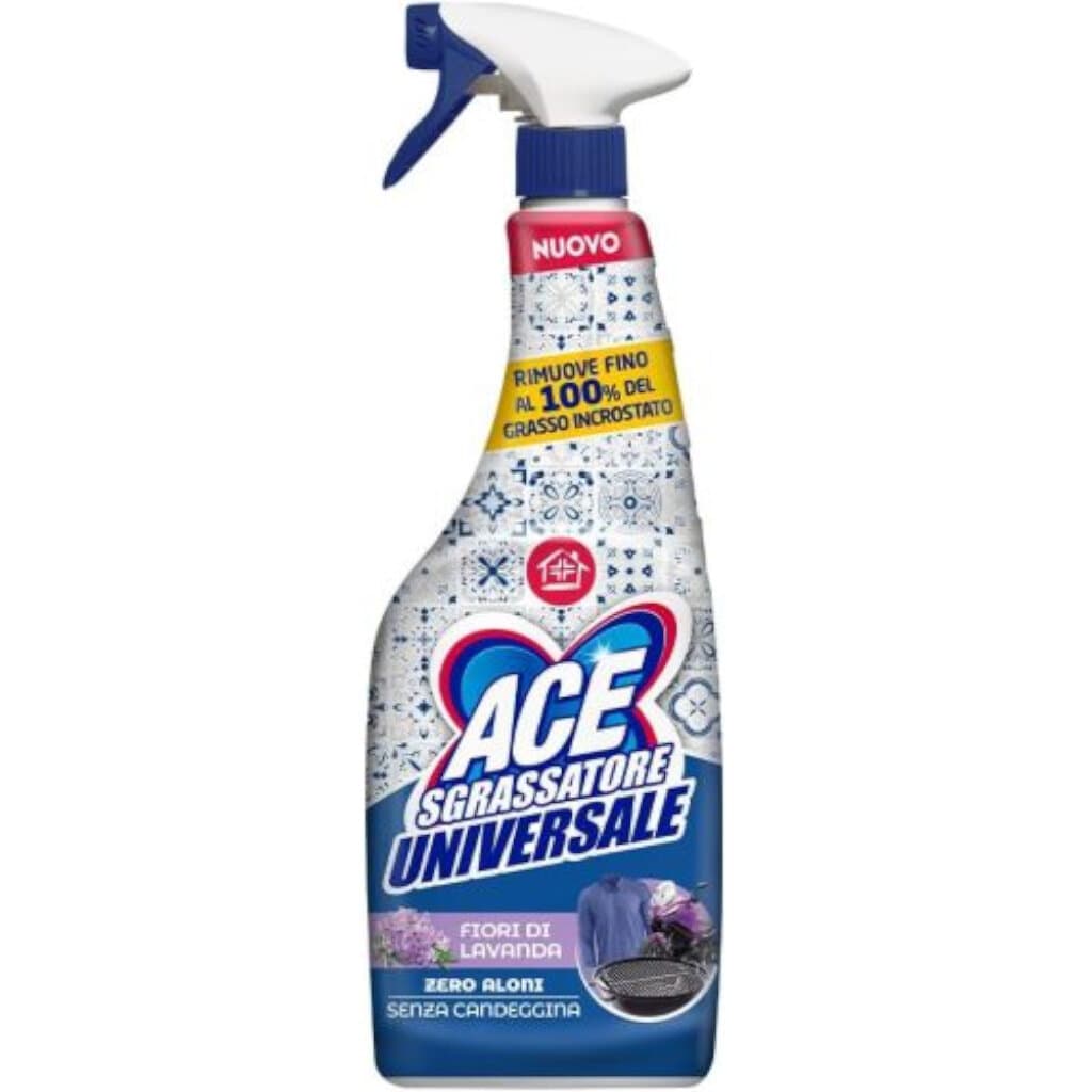 Опаковка на ACE Spray Sgrassatore Universale с аромат на лавандула (750 мл), показваща продукта и акцентираща върху лавандуловите цветя.