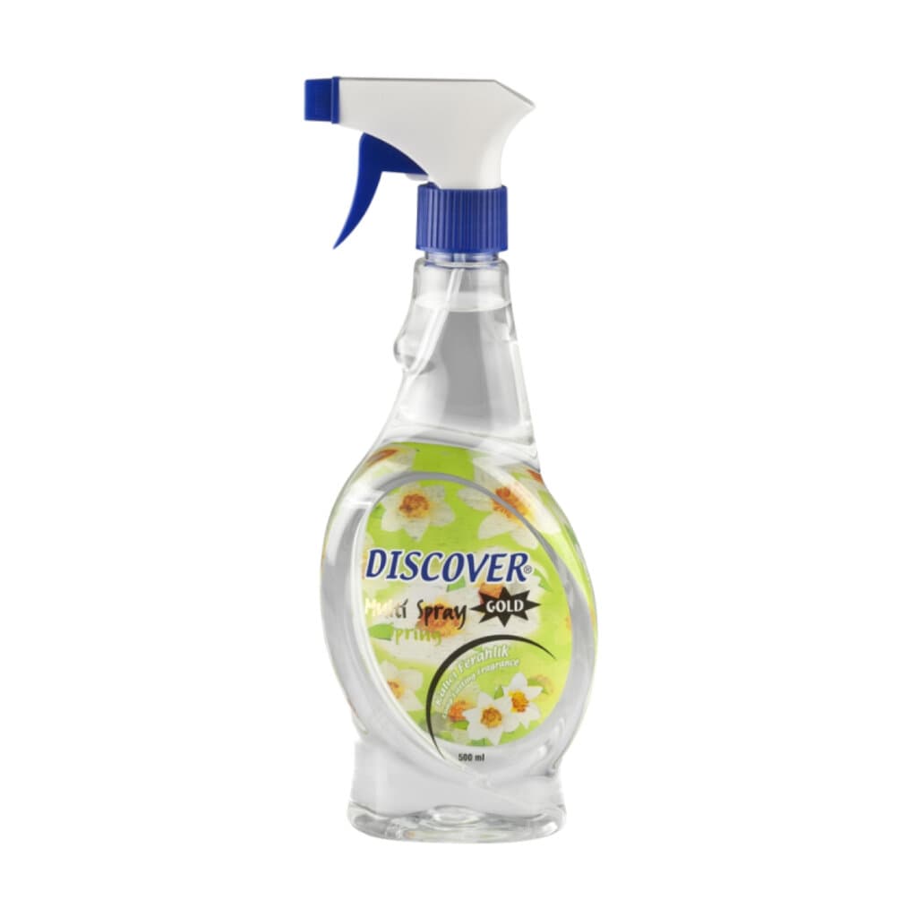 Опаковка на Discover Gold Multi Spray Spring Tabanca Spray (500 мл) с изображение на цветя и пролетни мотиви.