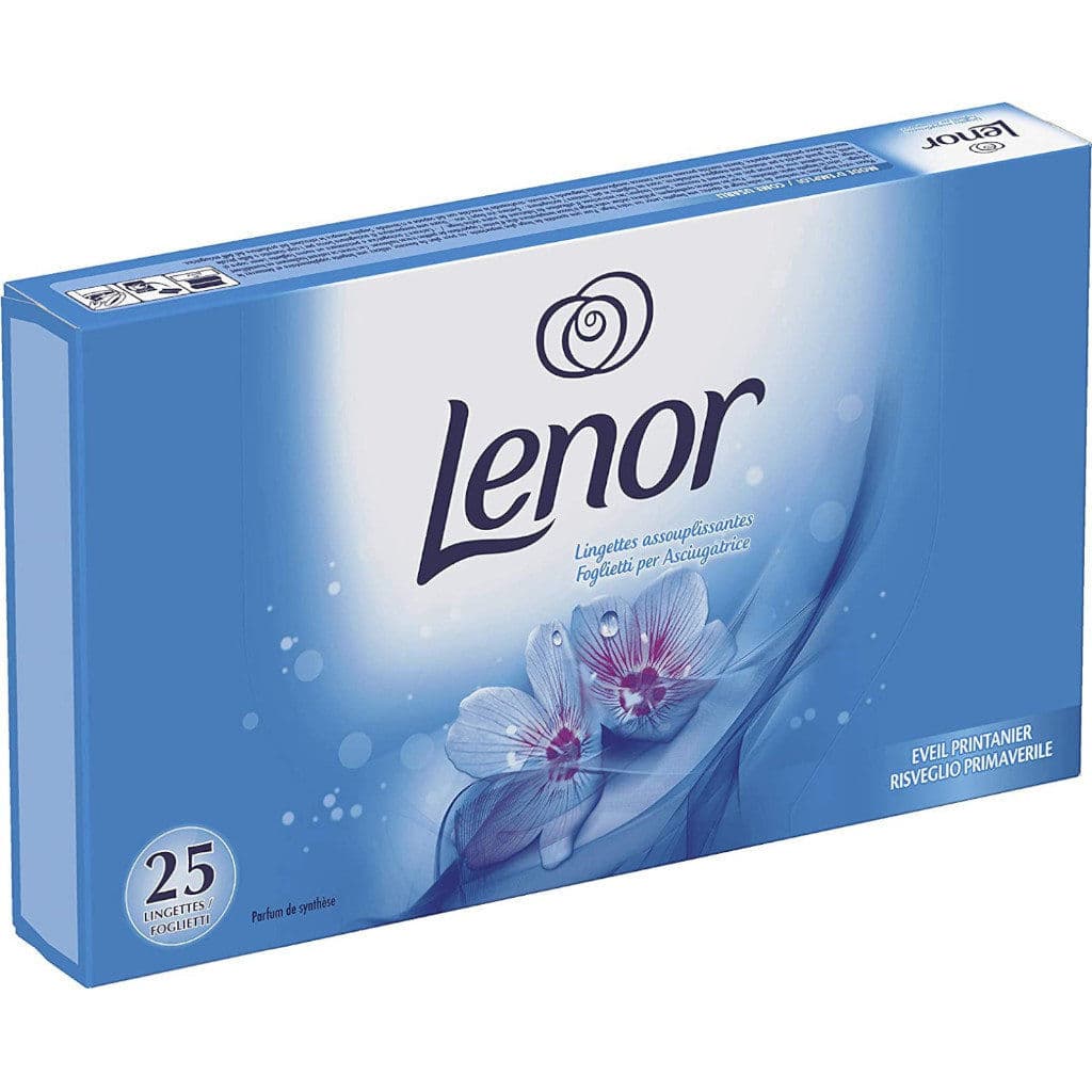 Опаковката на Lenor Spring Awakening Dryer Sheets отпред с лого и информация за продукта.