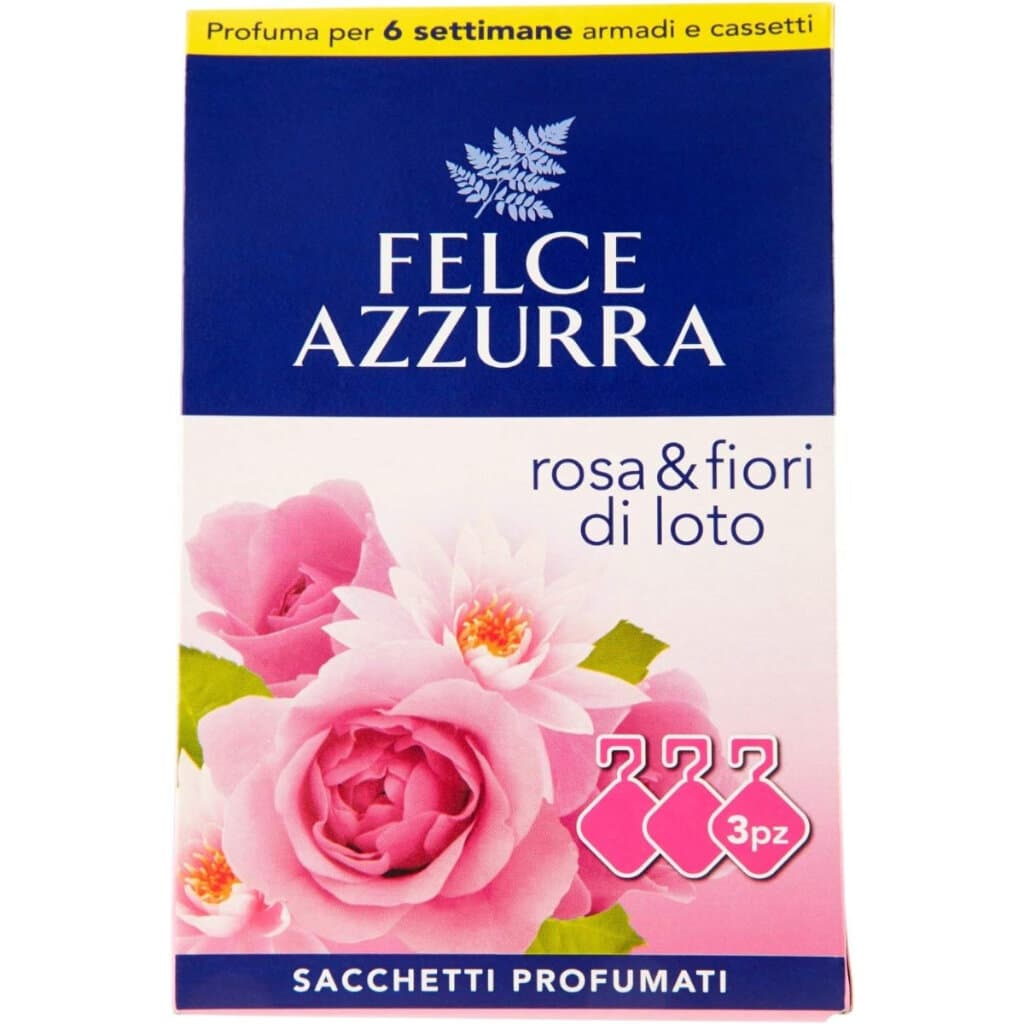 Парфюмирани торбички Felce Azzurra Rosa e Fiori di Loto – Изображение на опаковката с логото и описанието.