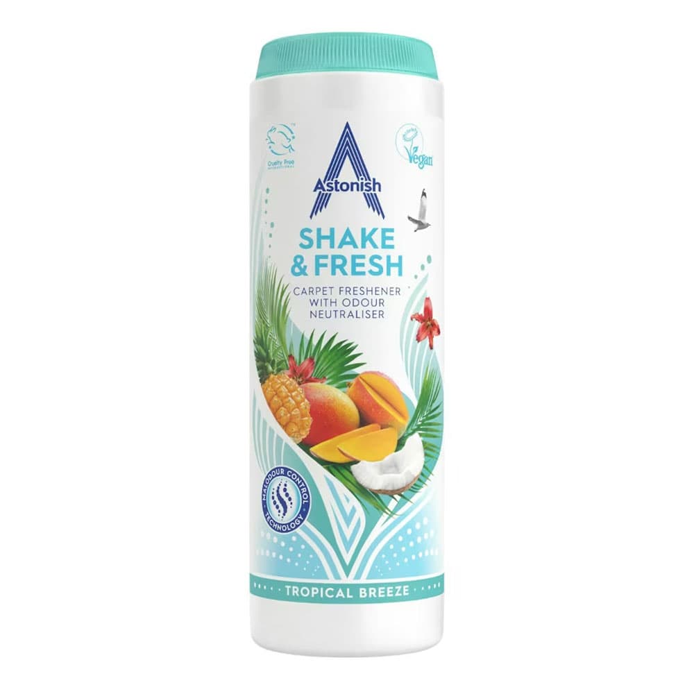 Astonish Shake & Fresh Tropical Breeze – освежител за килими, прахообразен, предна страна