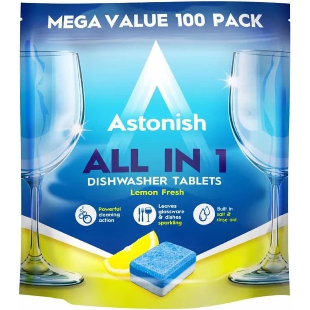 Опаковка на Astonish All in 1 Dishwasher Tablets (100 таблетки), показваща продукта и акцентираща върху функциите "All in 1".