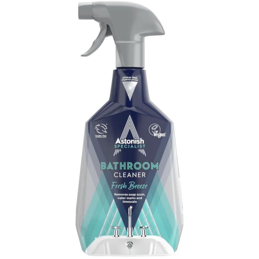 Опаковка на Astonish Specialist Bathroom Cleaner Fresh Breeze (750 мл), показваща продукта с акцент върху свежия бриз.