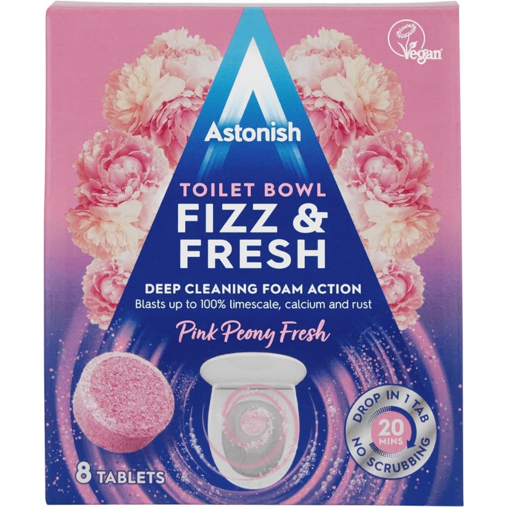 Опаковка на Astonish Toilet Bowl Fizz & Fresh Pink Peony Fresh Cleaning Tabs (200 г), показваща продукта и акцентираща върху розовия божур.