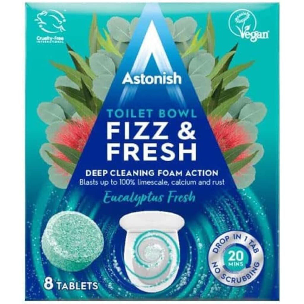 Опаковка на Astonish Таблетки за тоалетна Fizz & Fresh с аромат на евкалипт (8 броя), показваща продукта и акцентираща върху ефервесцентното действие.