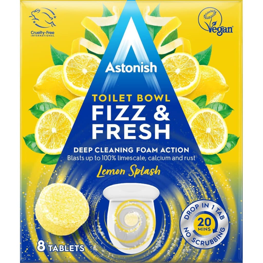 Опаковка на Astonish Toilet Bowl Fizz & Fresh Lemon Splash (Пакет от 8 таблетки) с изображение на лимон и ефервесцентни таблетки.