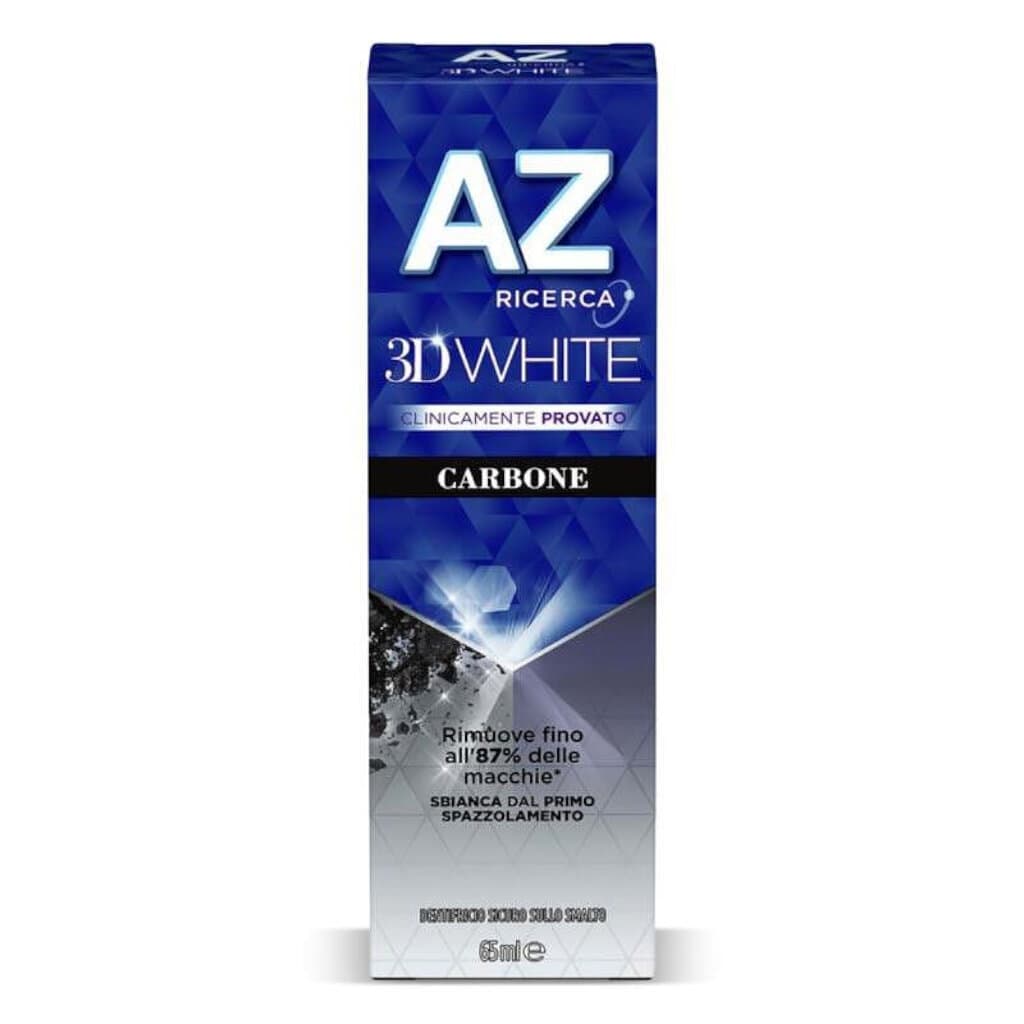 "AZ Dentifricio 3DWhite Illuminate Perfezione Carbone – Предна страна на опаковката, показваща продукта с иновативната 3DWhite технология и активен въглен."