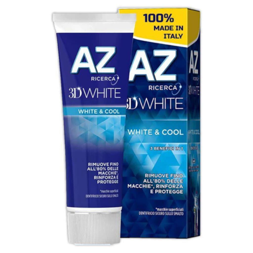 "AZ Dentifricio 3D White White Cool 65 ml – Предна страна на опаковката, показваща дизайна и технологията 3D White."
