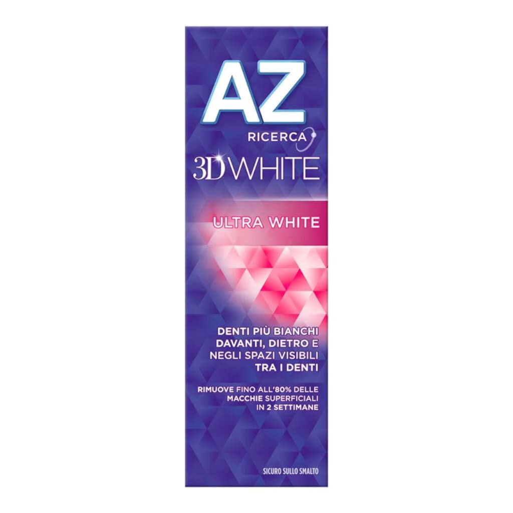 "AZ Dentifricio 3D White Ultra White – Предна страна на опаковката, показваща дизайна и технологията 3D White."