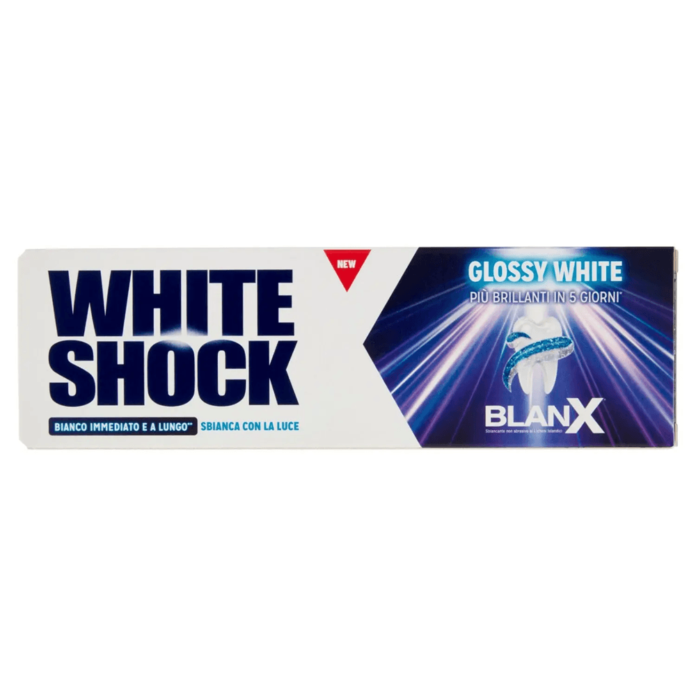 "BlanX White Shock Instant White Паста за зъби – туба 75 мл, предна страна"
