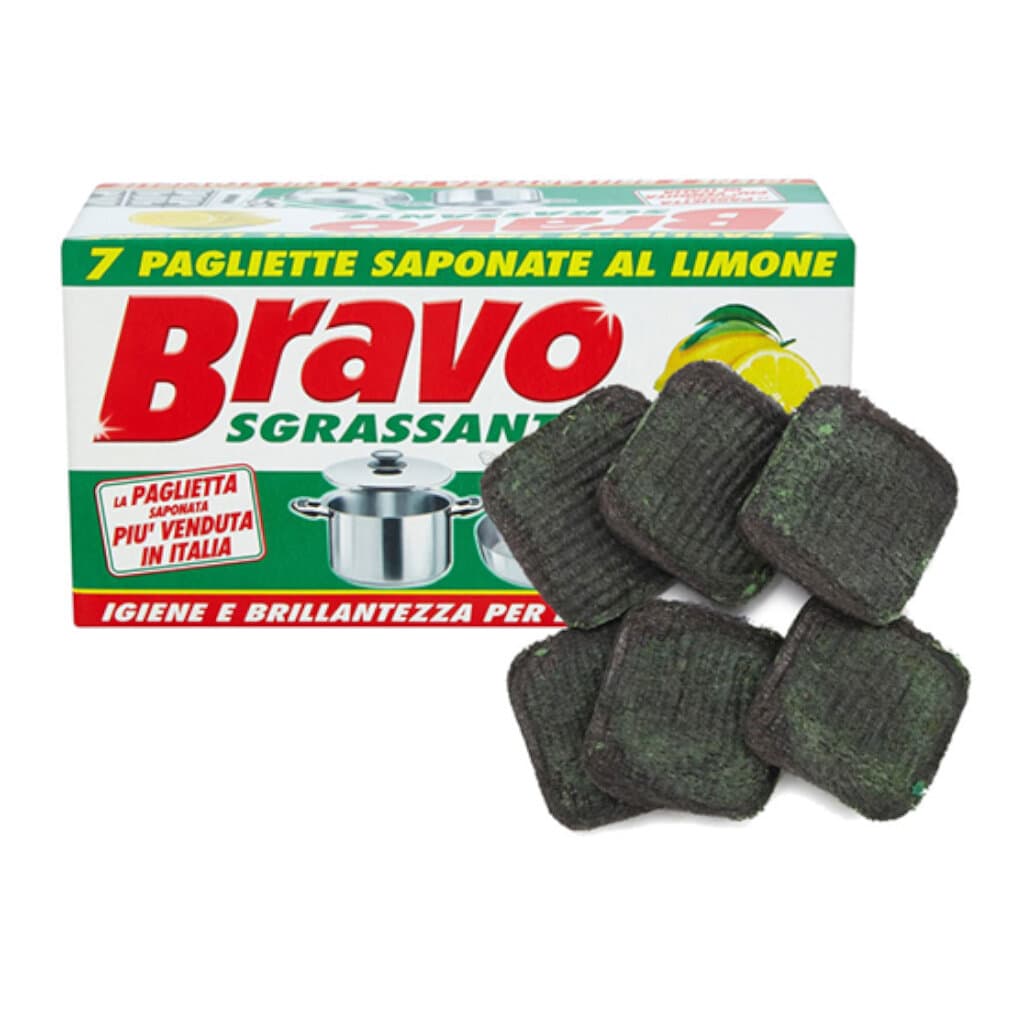 "Bravo Sgrassante 7 Pagliette Saponate al Limone per stoviglie – Предна страна на опаковката, показваща таблетките с лимонов аромат."