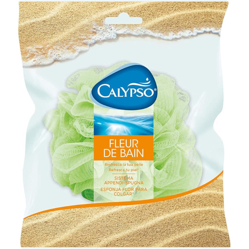 Calypso Fleur De Bain – Éponge en filet – предна опаковка на мрежестата гъба за баня.