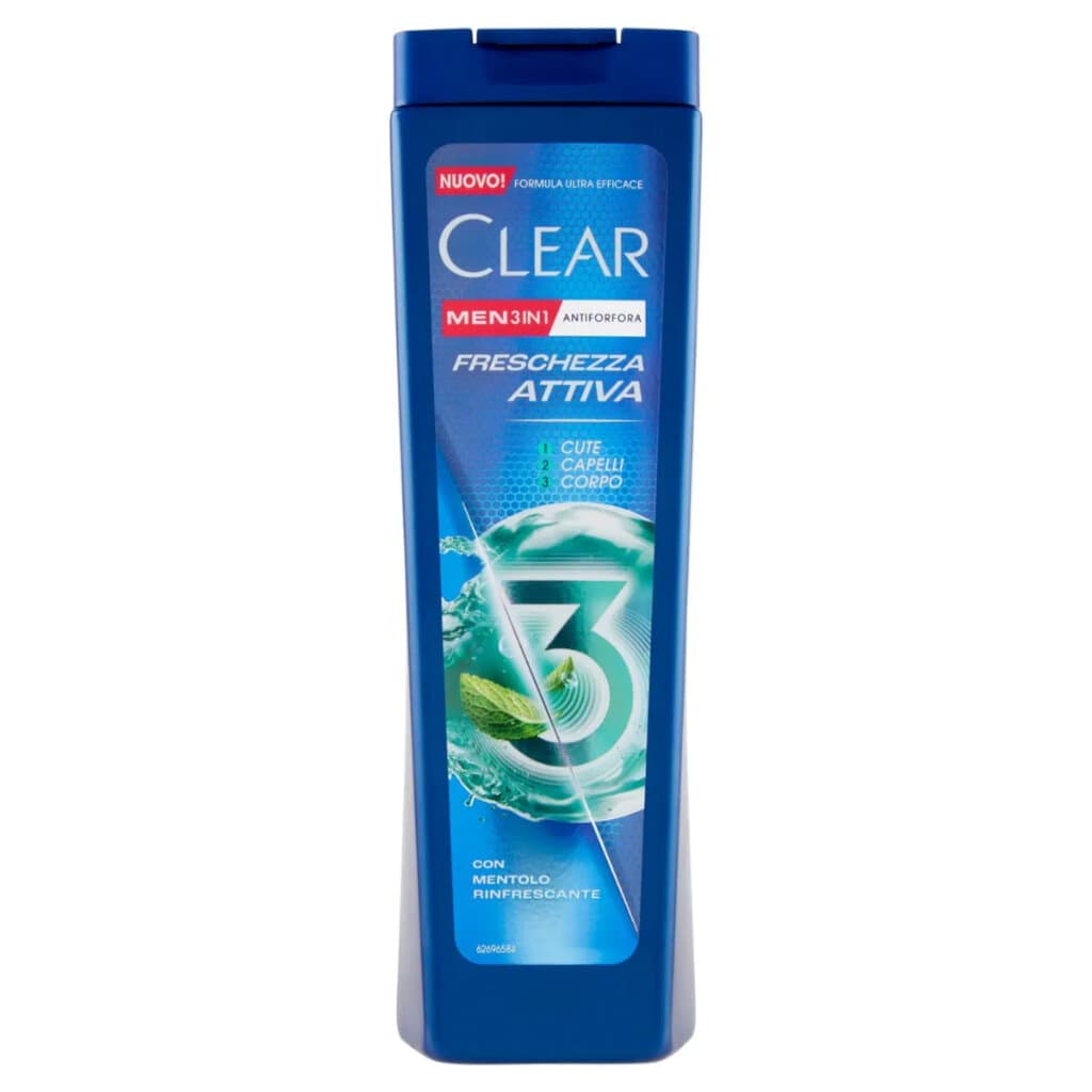 Clear Men Shampoo Freschezza Attiva 3in1 – Предна страна на опаковката с модерен дизайн, показваща логото, обозначение "3in1" и изображения на ментолови листа.