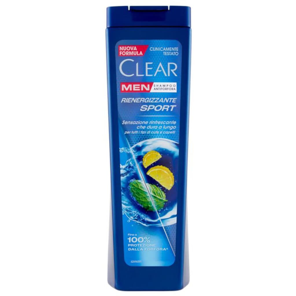 Clear Men Shampoo Rienergizzante Sport – Предна страна на опаковката с модерен дизайн, показваща логото и информация за продукта, с акценти върху ментол и цитрусови изображения.