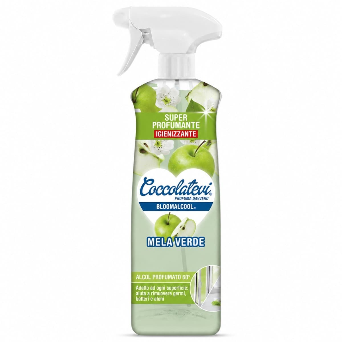 Coccolatevi Bloomalcool Mela Verde парфюмиран алкохолен хигиенизиращ препарат за повърхности с аромат на зелена ябълка 750 мл