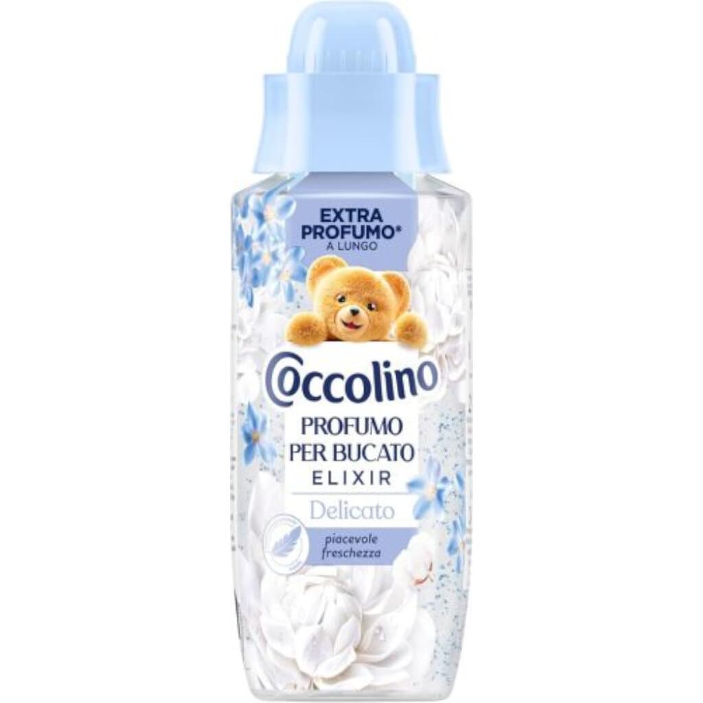 Бутилка Coccolino Elixir Delicato 342 ml с прозрачен флакон и етикет в пастелни тонове